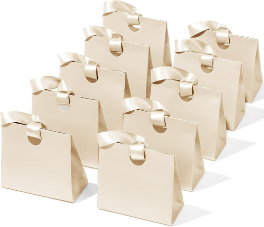 Cream White Small Paper Gift Bags with Ribbon Handles — Set of 10 - Vitalizart