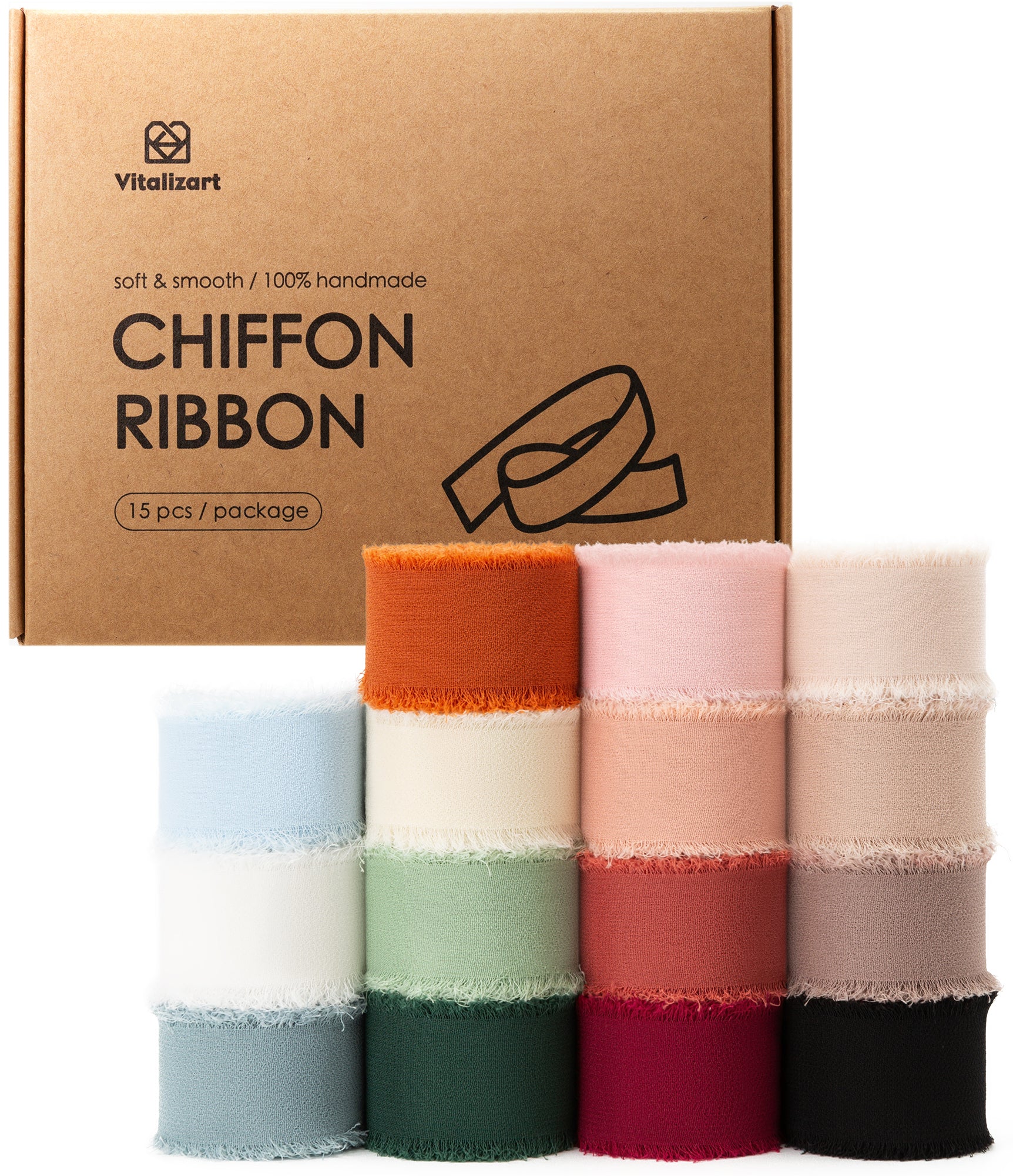 Set of 15 chiffon ribbon rolls in assorted colors