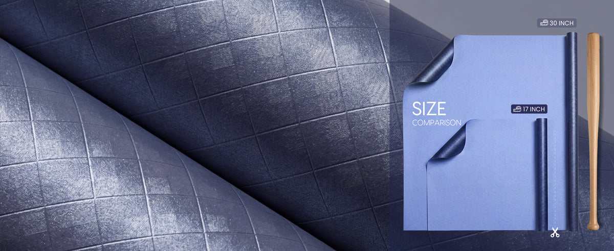 Blue metallic grid wrapping paper shown as 30-inch and 17-inch rolls beside a wooden bat for scale.