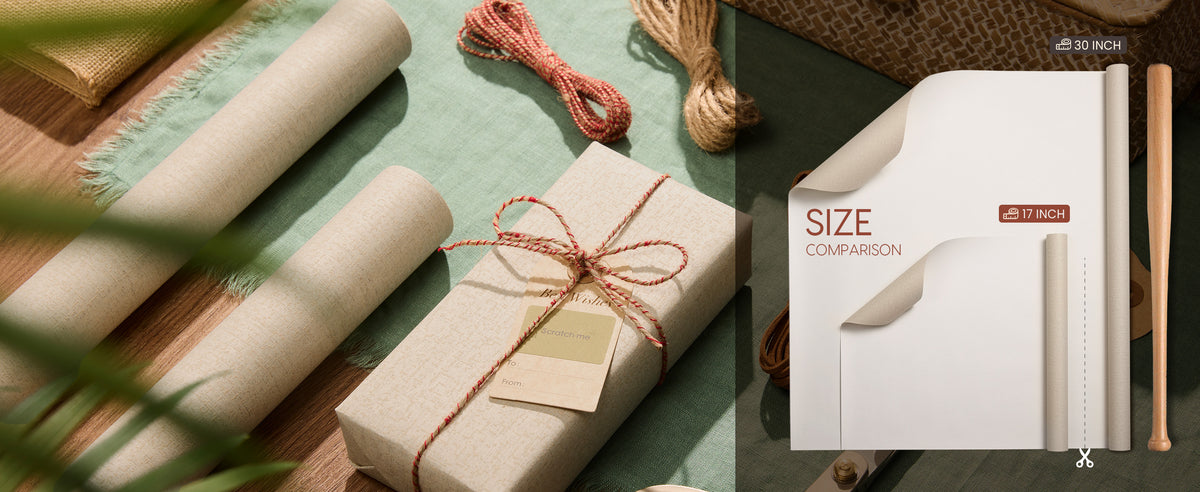 Beige textured wrapping paper diagram comparing a 17-inch roll with a 30-inch roll and cut line.