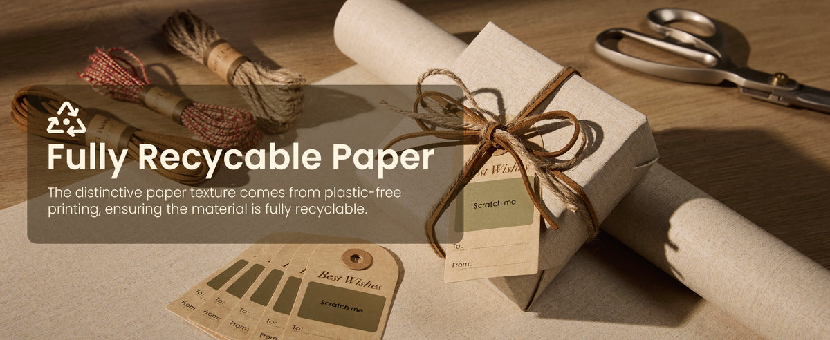 Beige textured-paper gift with twine, brown ribbon, rolls, and tags under a fully recyclable paper message.