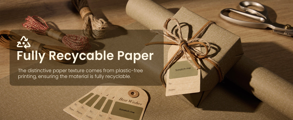 Beige textured wrapping paper, twine-tied gift, kraft tags and coordinating cords on a wooden table