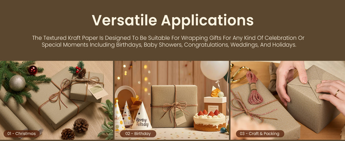 Beige textured paper wrapping Christmas and birthday gifts, with hands packing a box in a third scene