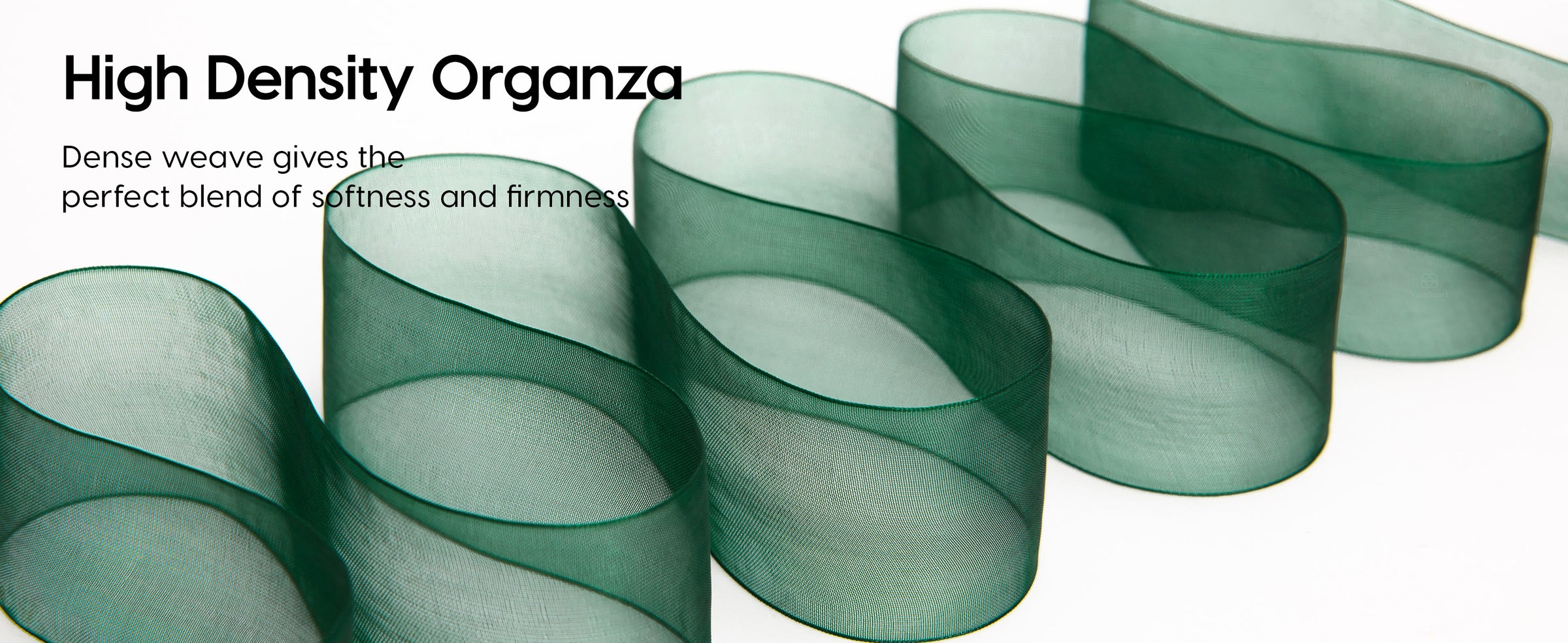 Deep green sheer organza ribbon in broad loops, showing translucent dense weave and finished edges