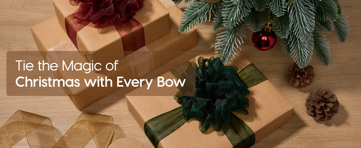 Kraft Christmas gifts tied with burgundy, ivory, and green organza bows beside a decorated tree
