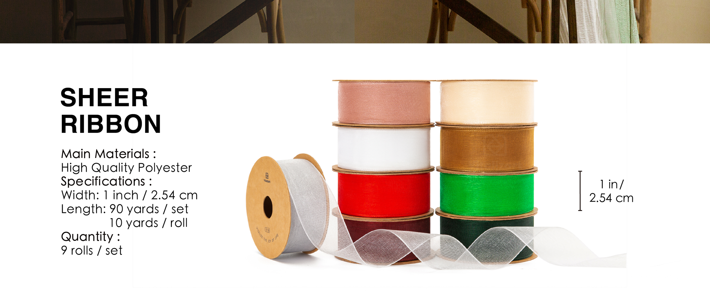 Nine assorted sheer ribbon rolls, each 1 inch wide and 10 yards long, totaling 90 yards