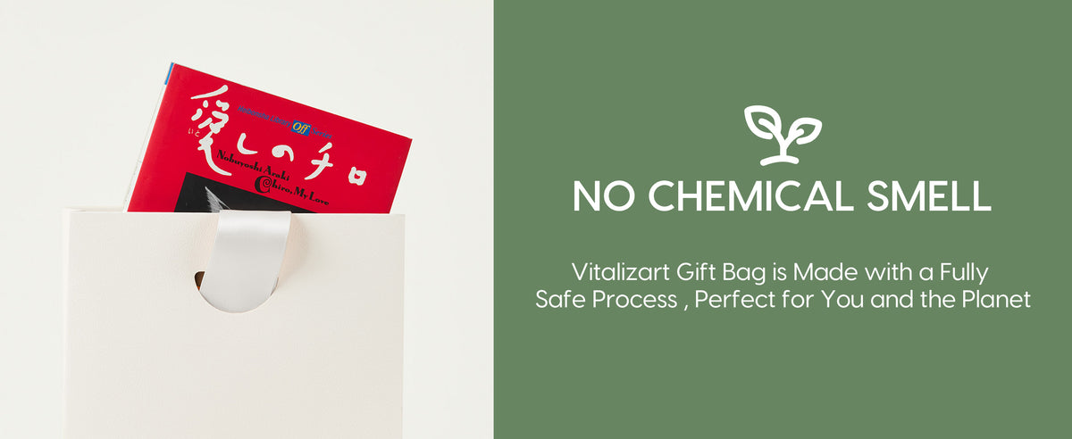 One gift bag shown with a greeting card and paper material and odor information