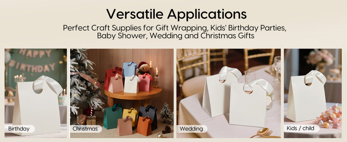 White small paper gift bags with ribbon handles used for birthdays, parties, weddings, holidays, and everyday gifts