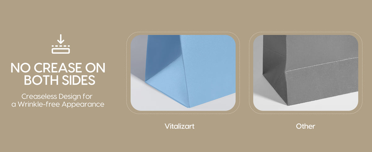 Close-up comparison of a smooth blue paper gift bag corner and a creased gray bag corner
