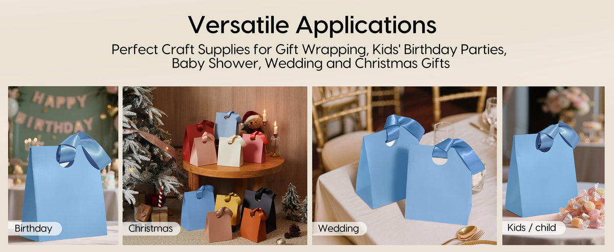 Ribbon-handled paper gift bags arranged for Christmas, children's parties, birthdays, and weddings