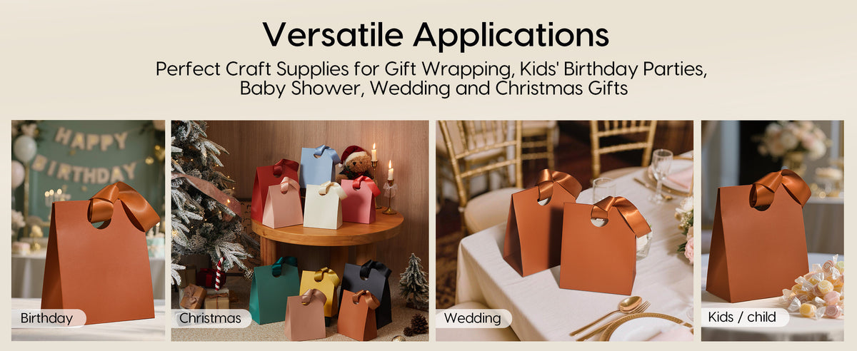 Ribbon-handled paper gift bags arranged for Christmas, children's parties, birthdays, and weddings