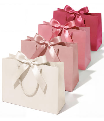 Vitalizart Paper Gift Bags With Ribbon Handles Set of 5 Pink Bulk Reusable For Gift Wrap 13" x10"x5"Large Size(PINK) - Vitalizart