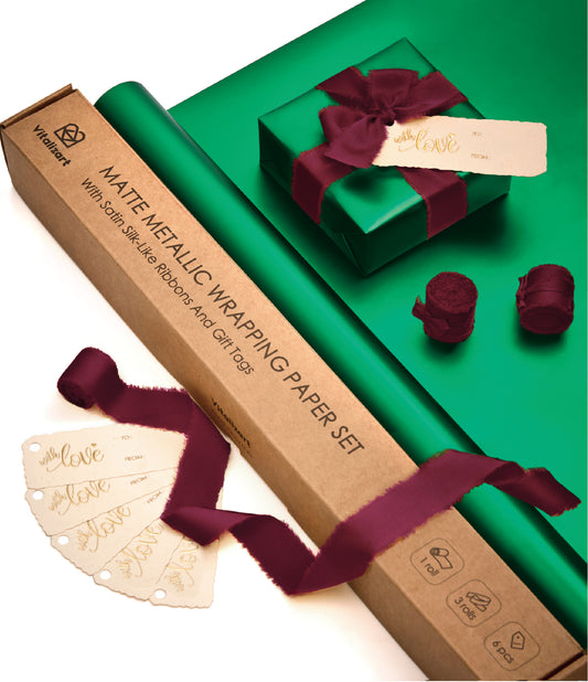 WRAPPING PAPER SET 17"X197" MATTE METALLIC WITH SILK SATIN RIBBON & GIFT TAGS FOR BABY (Green paper & red ribbons)