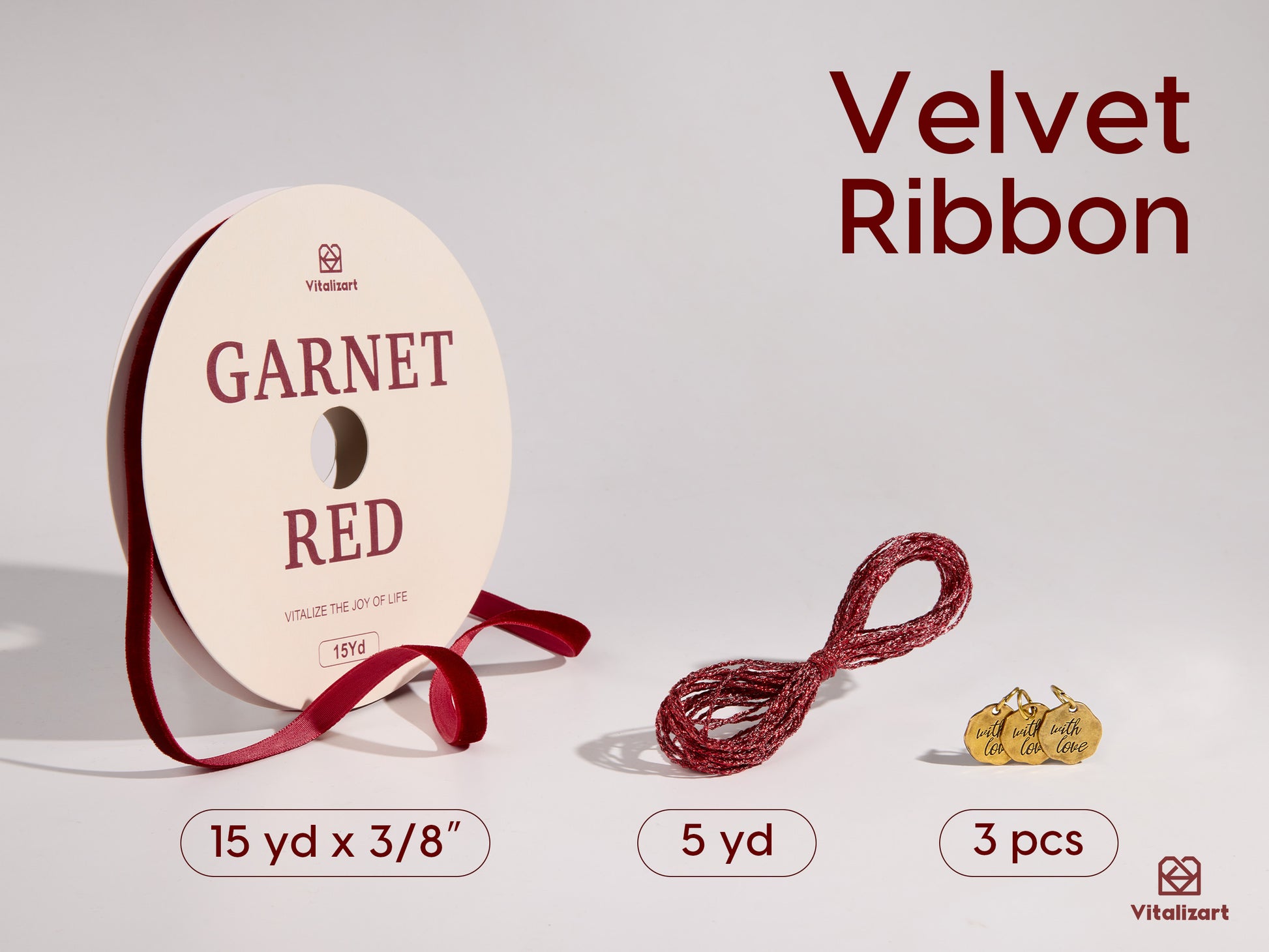 Vitalizart 3/8" Velvet Ribbon Red 15 Yard (Red 15YD） - Vitalizart
