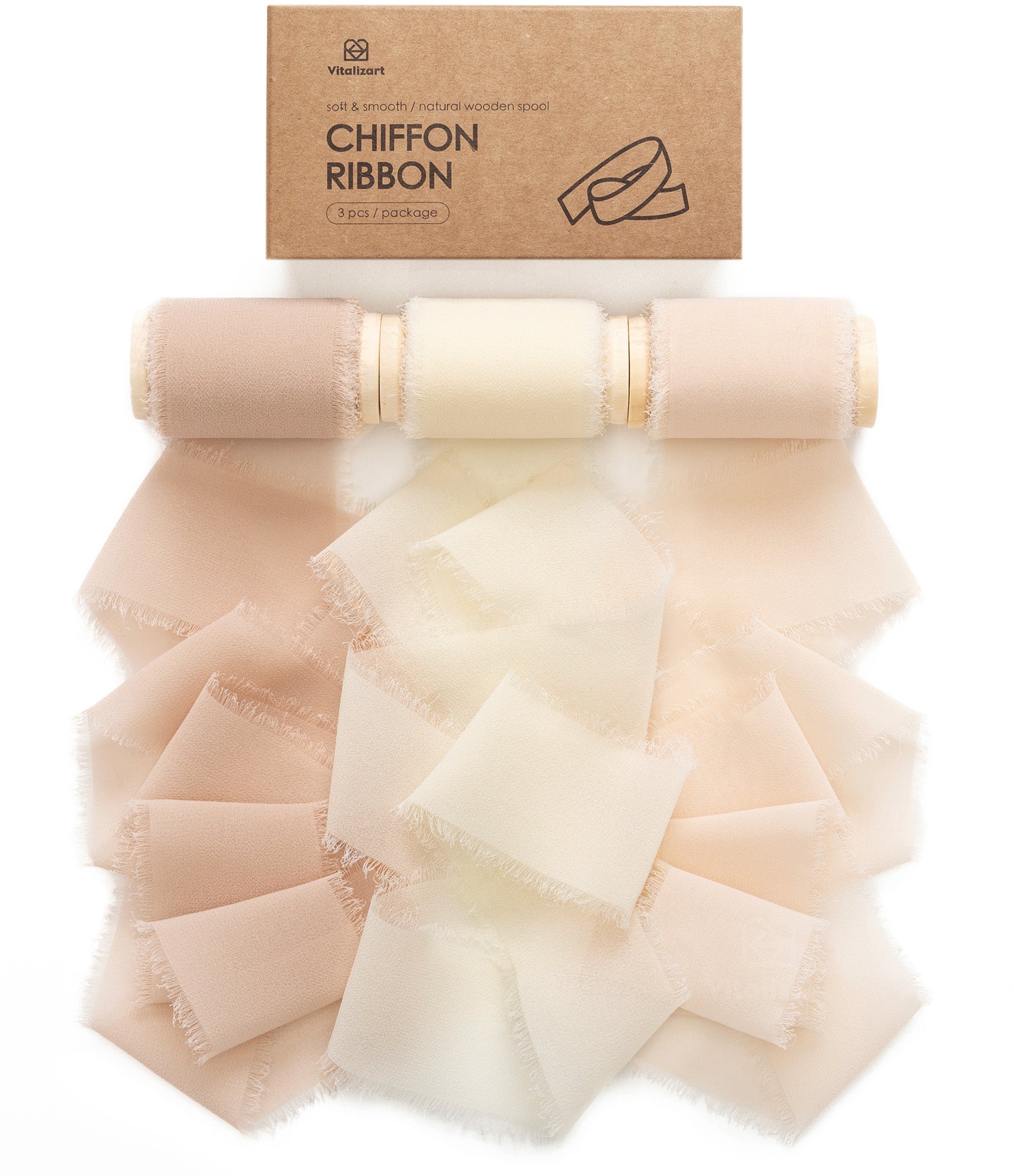 Chiffon Ribbon with Wooden Spool 2" x 15 Yd (Light Nude & White) - Vitalizart