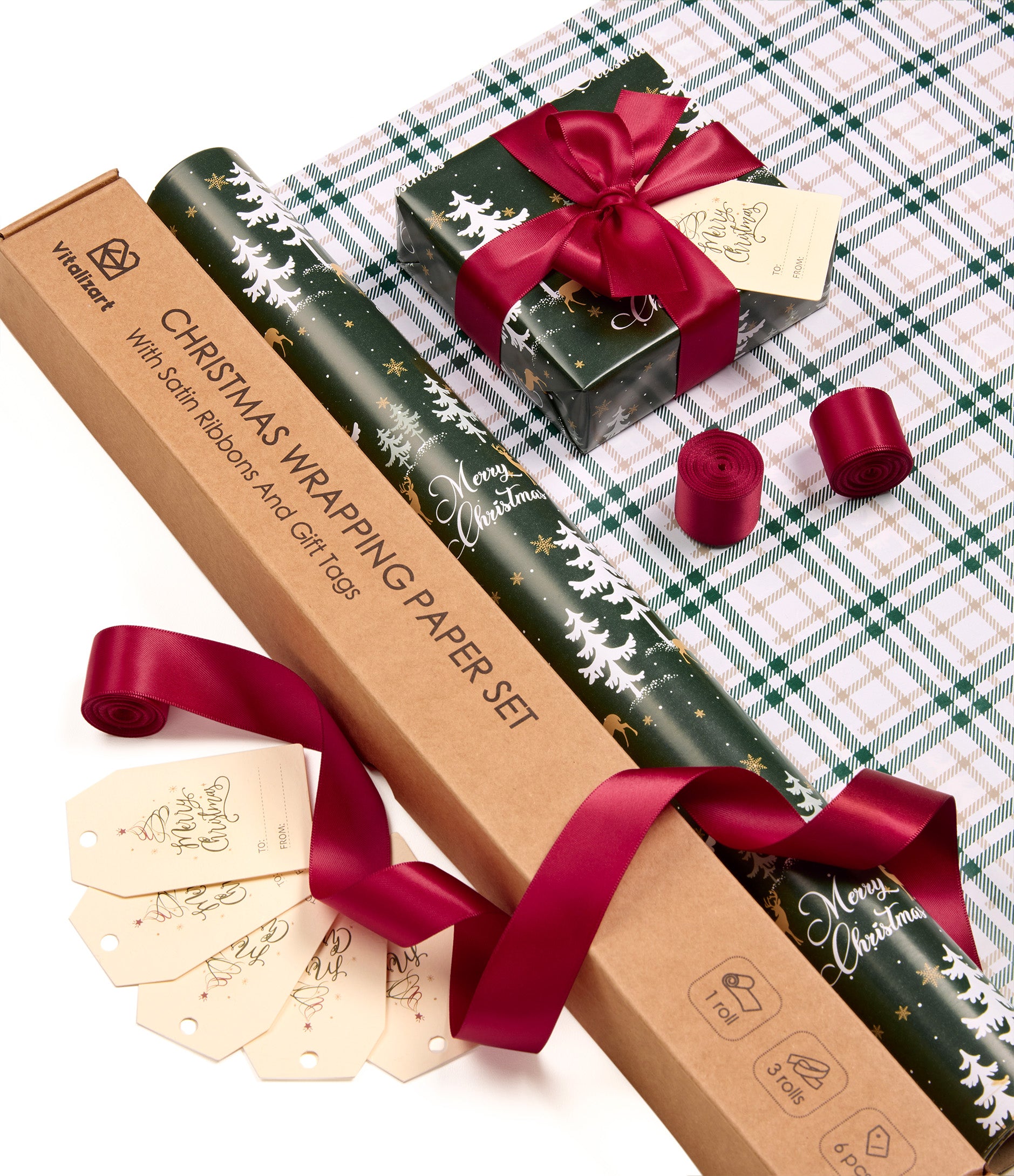 Vitalizart Christmas Wrapping Paper Roll Set 17" With Satin Ribbon & Gift Tags ( Christmas Wrapping Paper Set) - Vitalizart