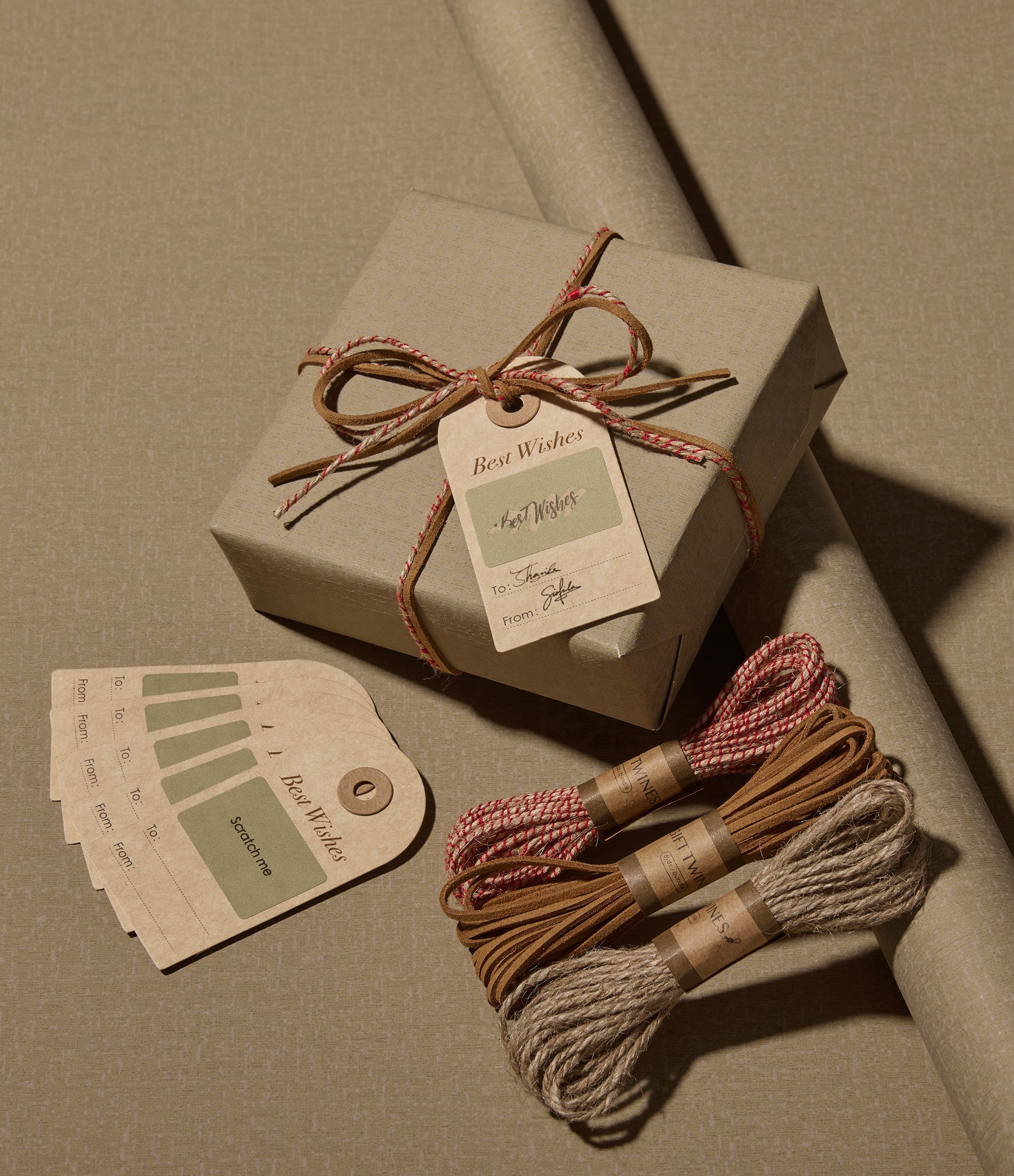 Vitalizart Textured Wrapping Paper Set 30" Roll Twine Ribbons & Tags Eco - Friendly Extra Thick(Beige Brown Paper & Twine Ribbons Set) - Vitalizart