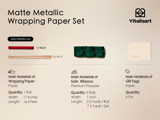 WRAPPING PAPER SET 17"X197" MATTE METALLIC WITH SILK SATIN RIBBON & GIFT TAGS FOR BABY (RED PAPER &GREEN RIBBONS)