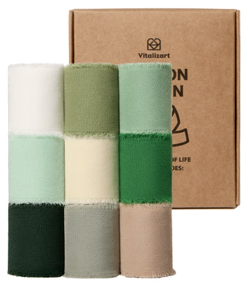 FRINGE CHIFFON SILK RIBBON 1.5 INCH X 27YD ( Assorted 9 Colors Green & White)