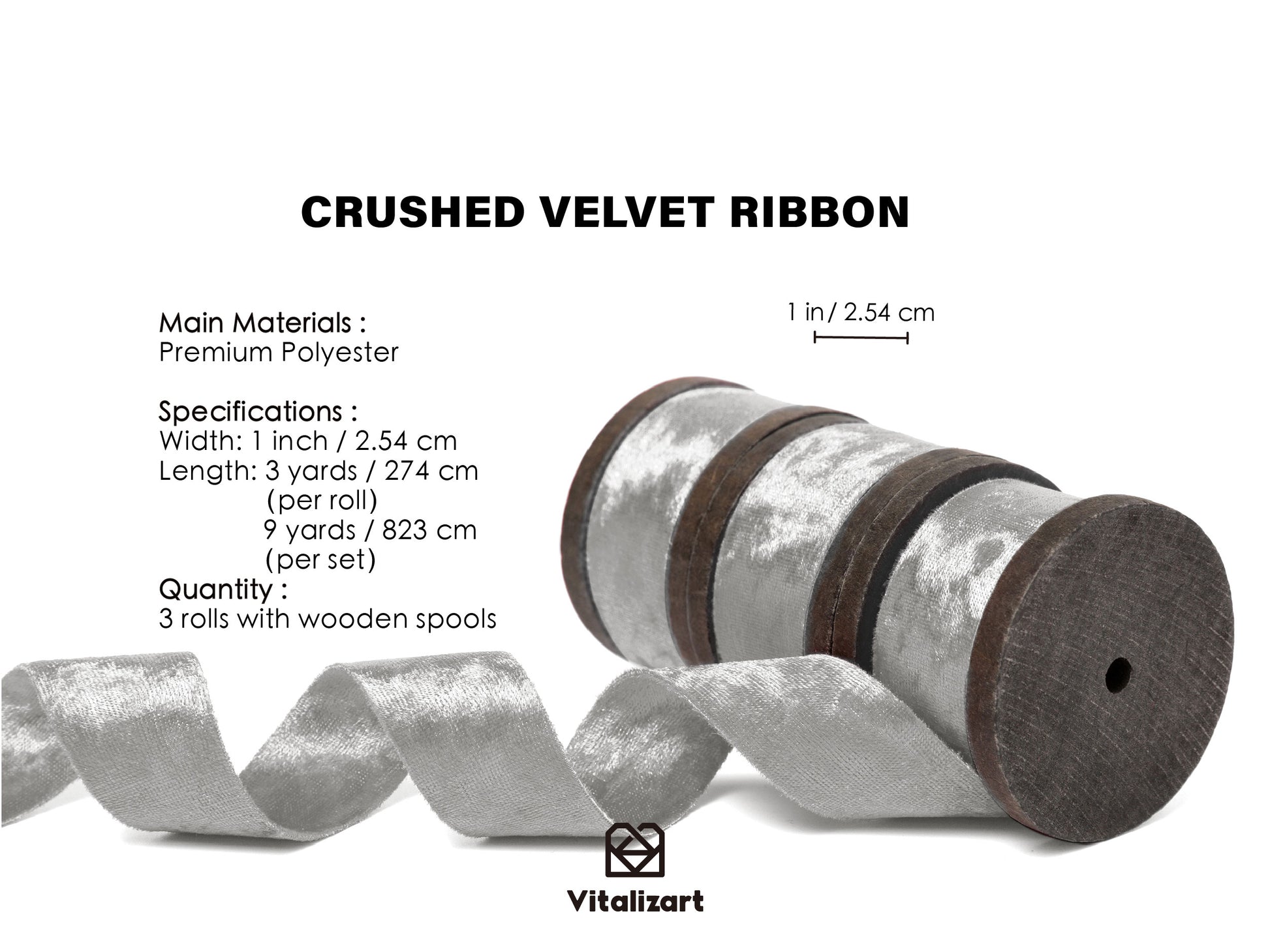 Deluxe Velvet Ribbon Set With Wooden Spool 1" x 9Yd (Metallic Silver) - Vitalizart
