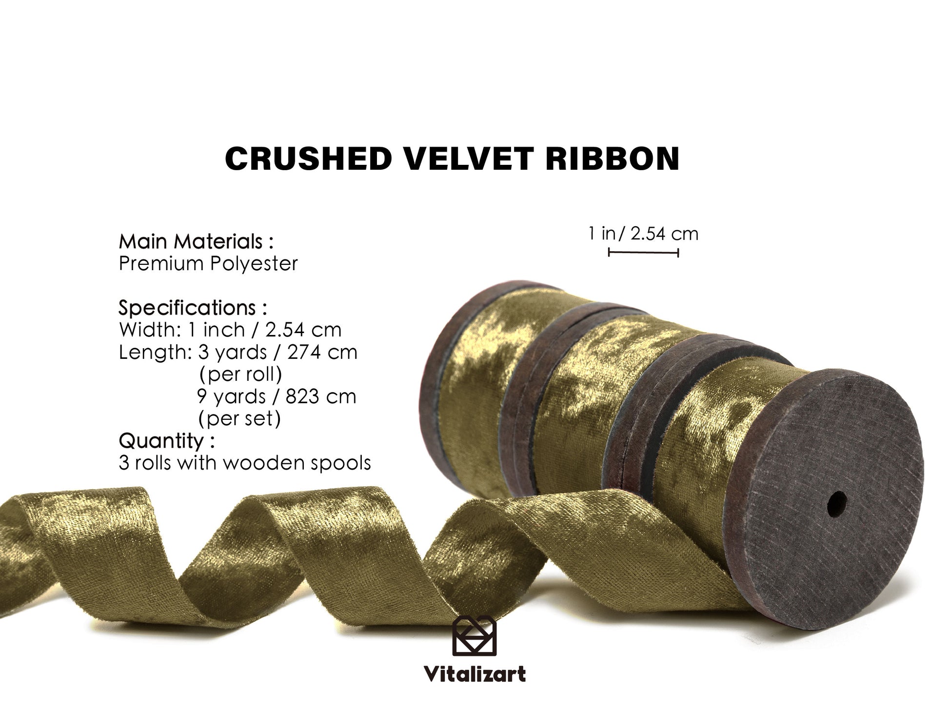 Deluxe Velvet Ribbon Set With Wooden Spool 1" x 9Yd (Dark Green) - Vitalizart