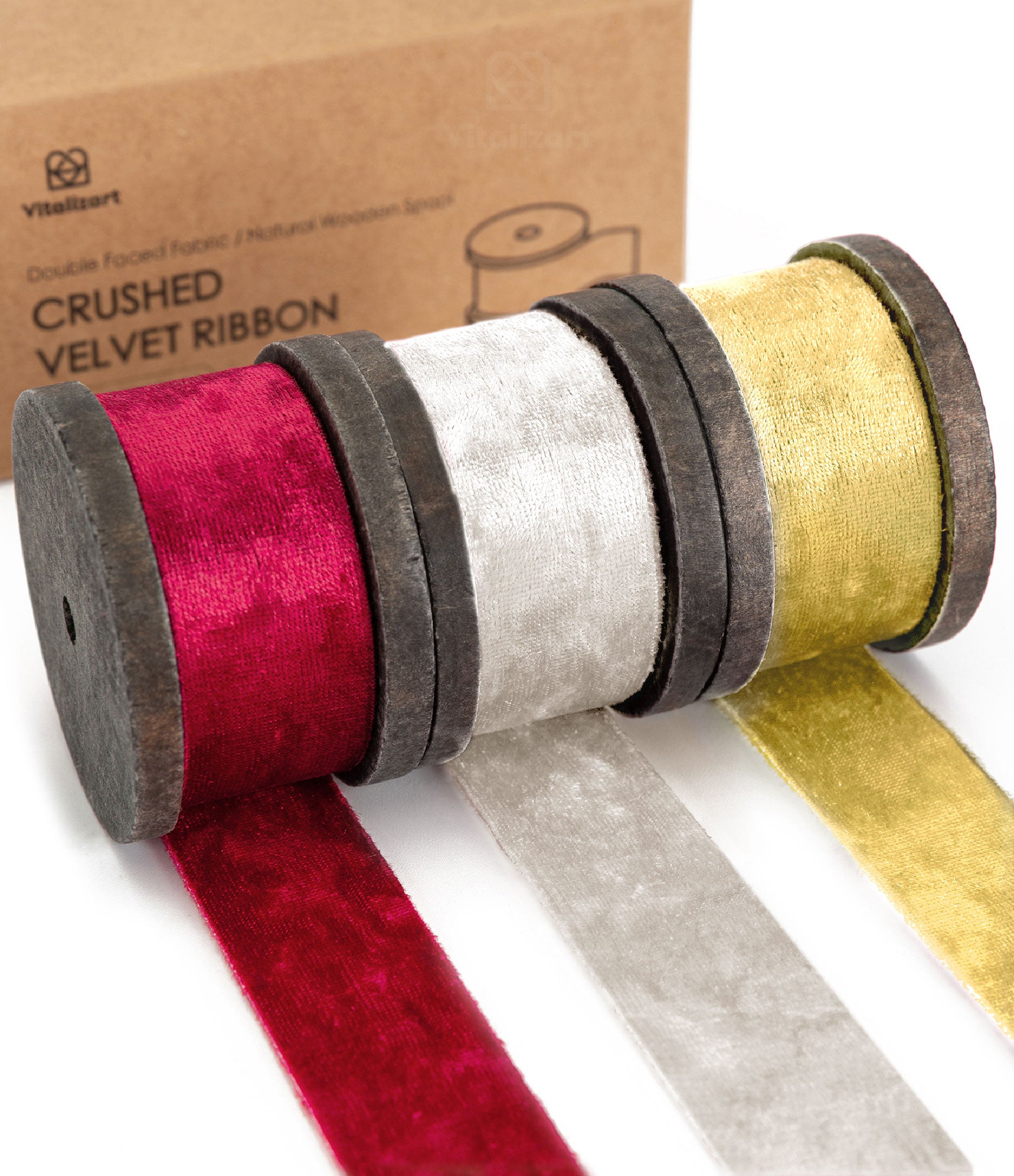 Deluxe Velvet Ribbon Set With Wooden Spool 1" x 9Yd (White Red Gold) - Vitalizart