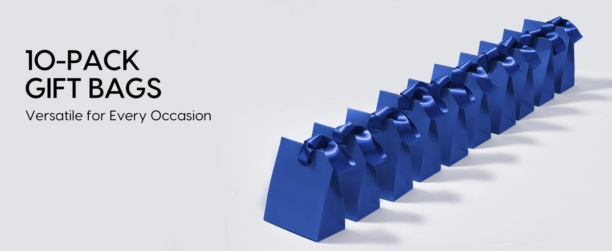Ten blue small paper gift bags with ribbon handles lined up to show the full coordinated gift bag set