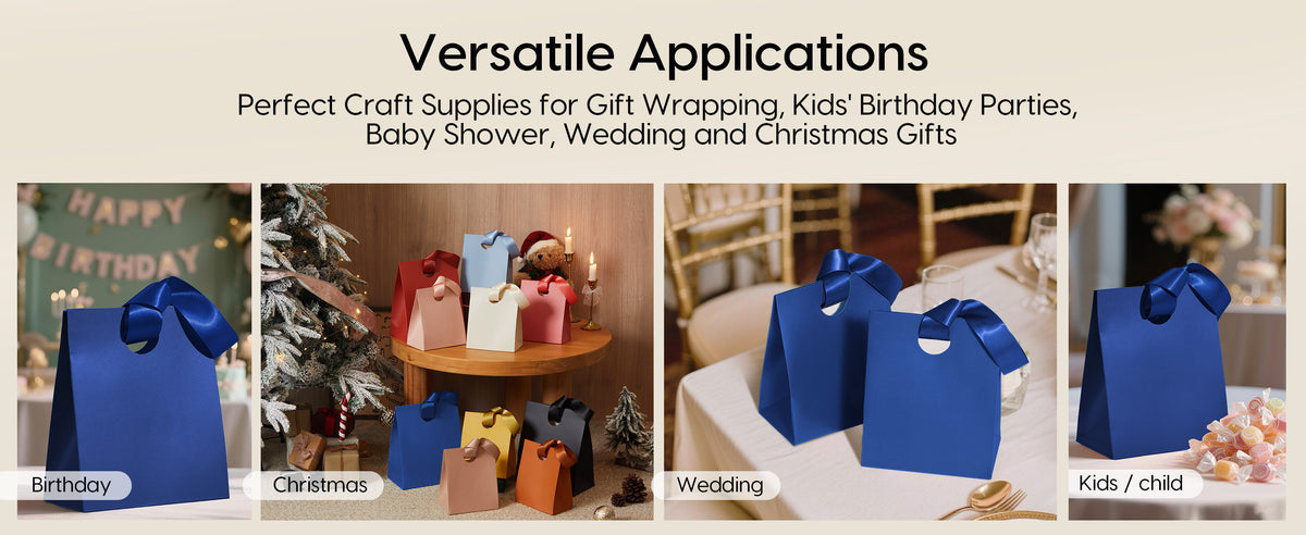 Blue small paper gift bags with ribbon handles used for birthdays, parties, weddings, holidays, and everyday gifts