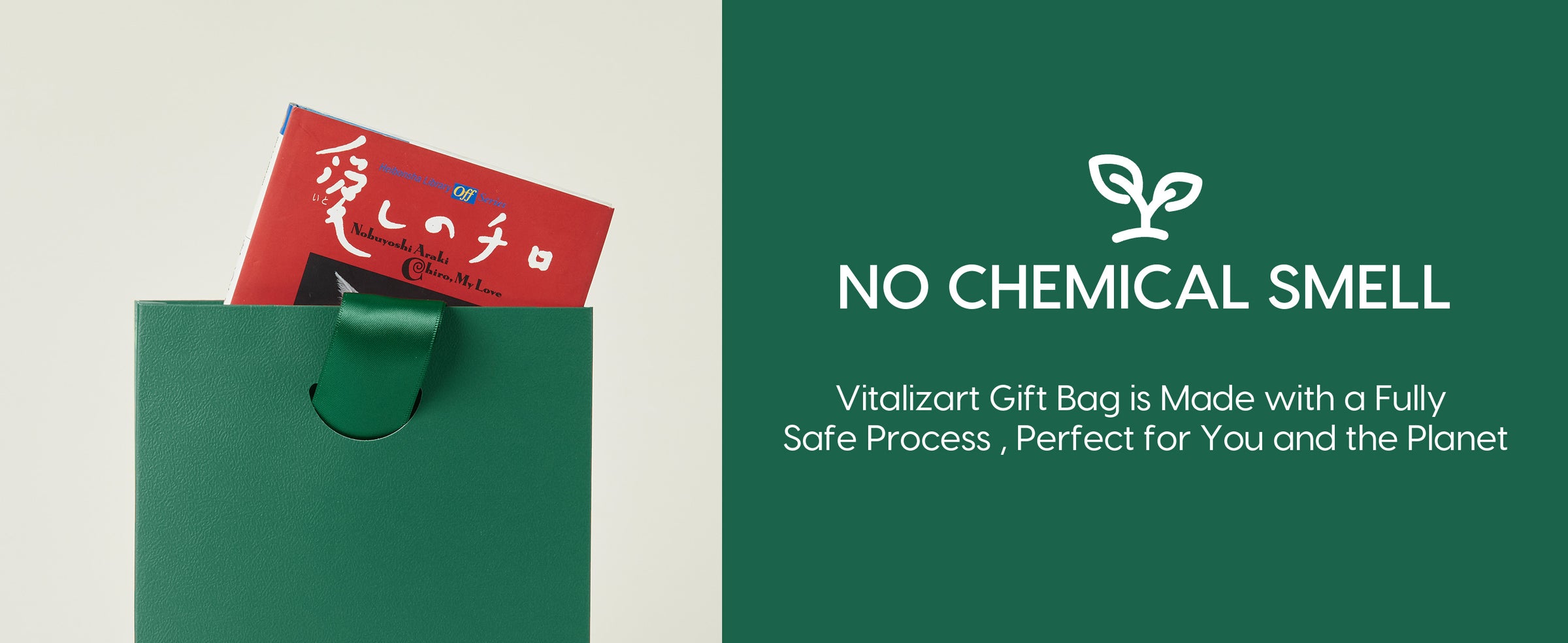Dark green textured paper gift bag with a matching satin ribbon handle, holding a red book