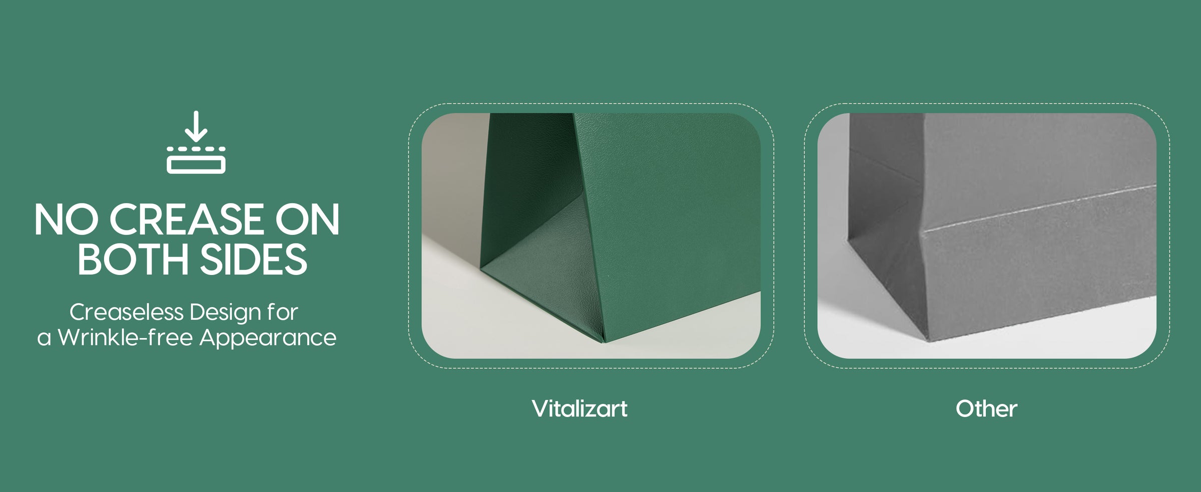 Dark green gift bag with a smooth folded bottom compared with a visibly creased gray bag