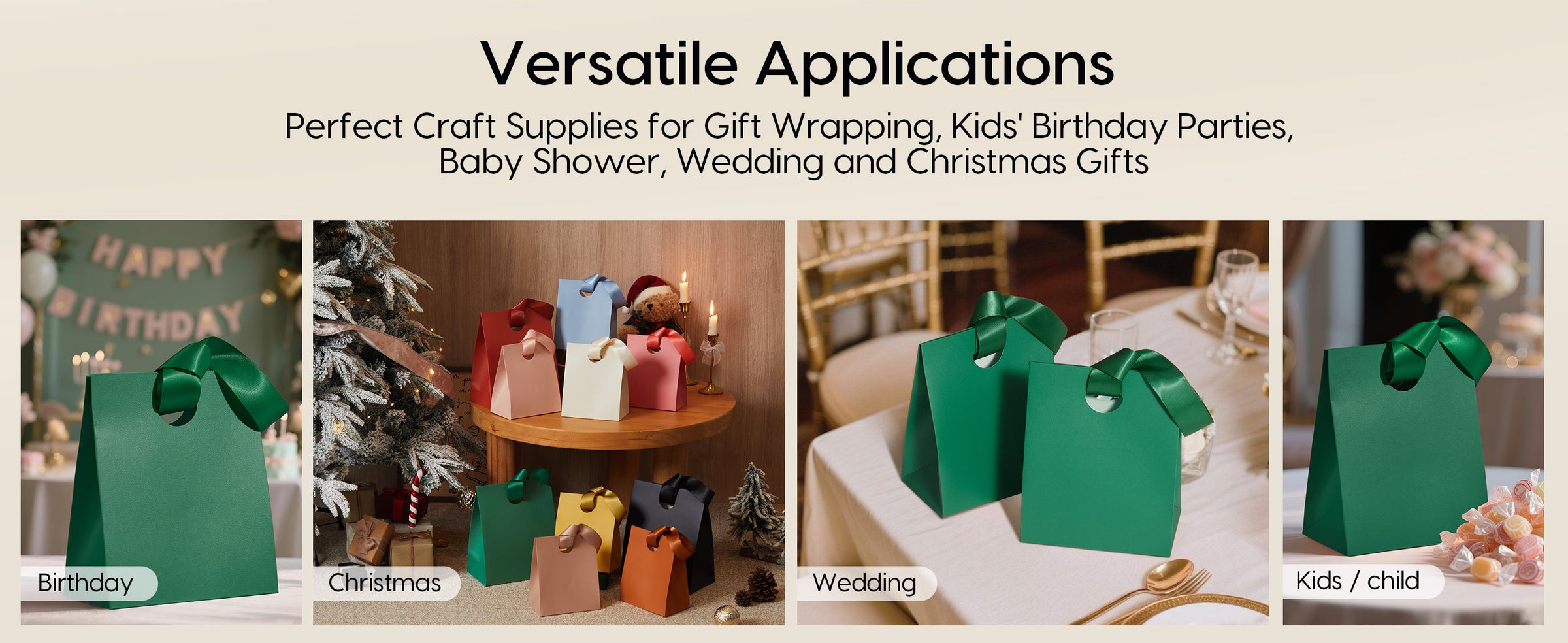 Dark green ribbon-handle gift bags shown at Christmas, children's parties, birthdays and weddings