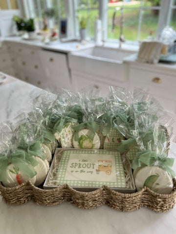 Sprout-themed gift basket with sage ribbon bows