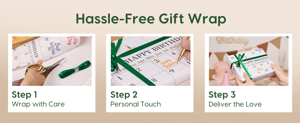 Three steps show cutting calendar gift wrap, adding a handwritten note, and presenting the ribbon-tied gift.