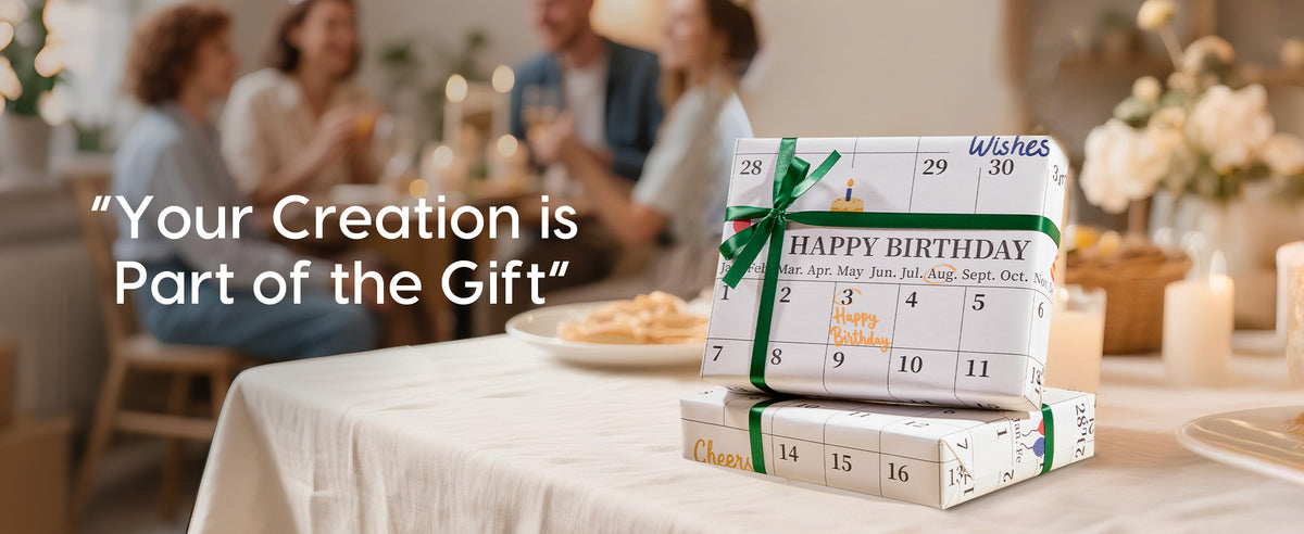 Two gifts in white calendar birthday wrapping paper with green ribbon on a celebration table