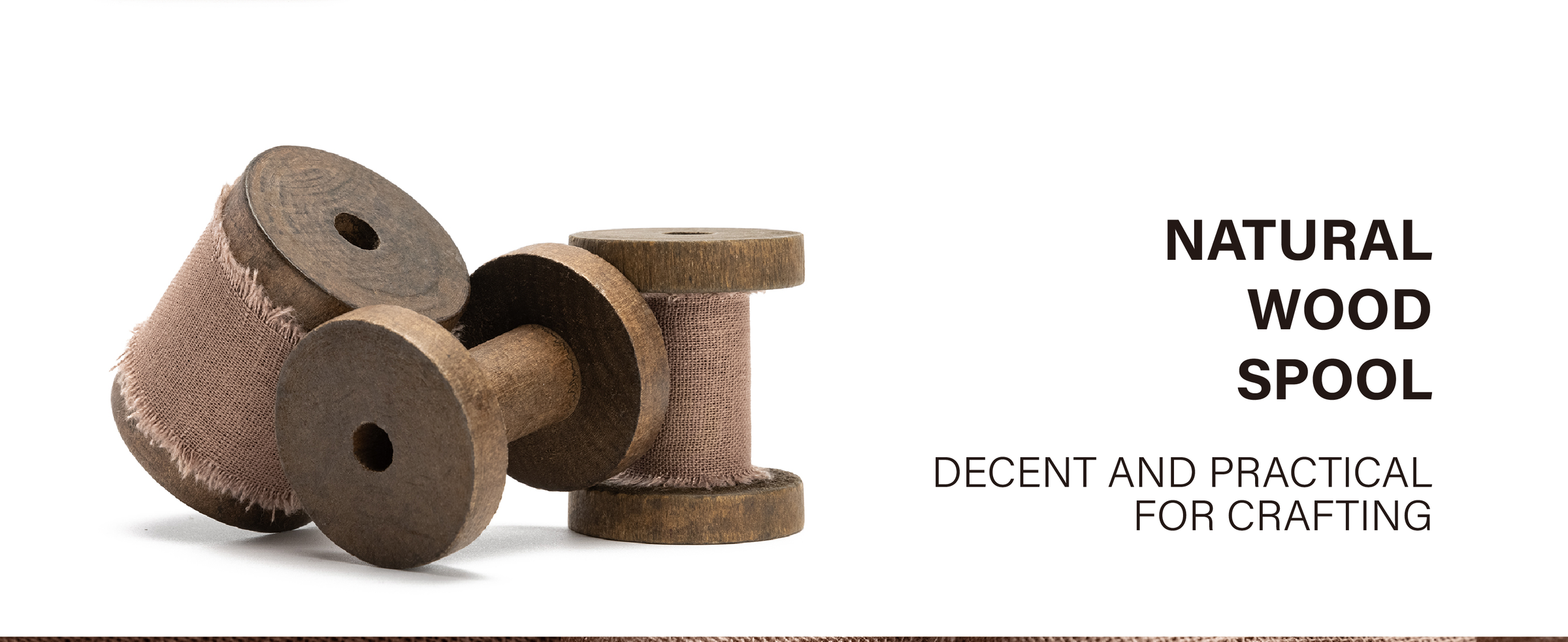 Brown cotton-linen ribbon wound on natural wooden spools in a clean product presentation
