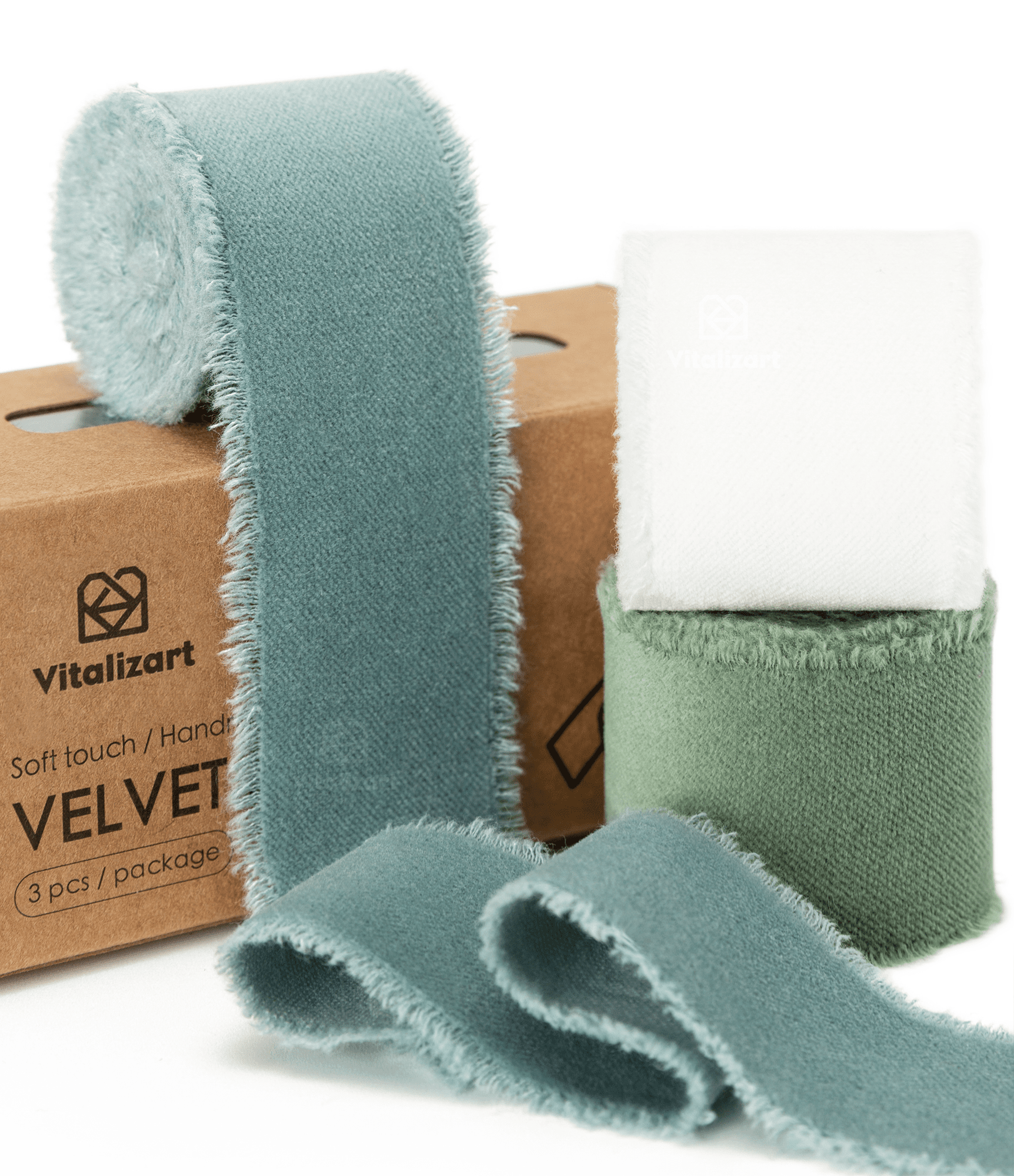 Frayed Fringe Velvet Ribbon 1.5" x 6 Yd (Ivory & Dusty Green & Dusty Blue) - Vitalizart