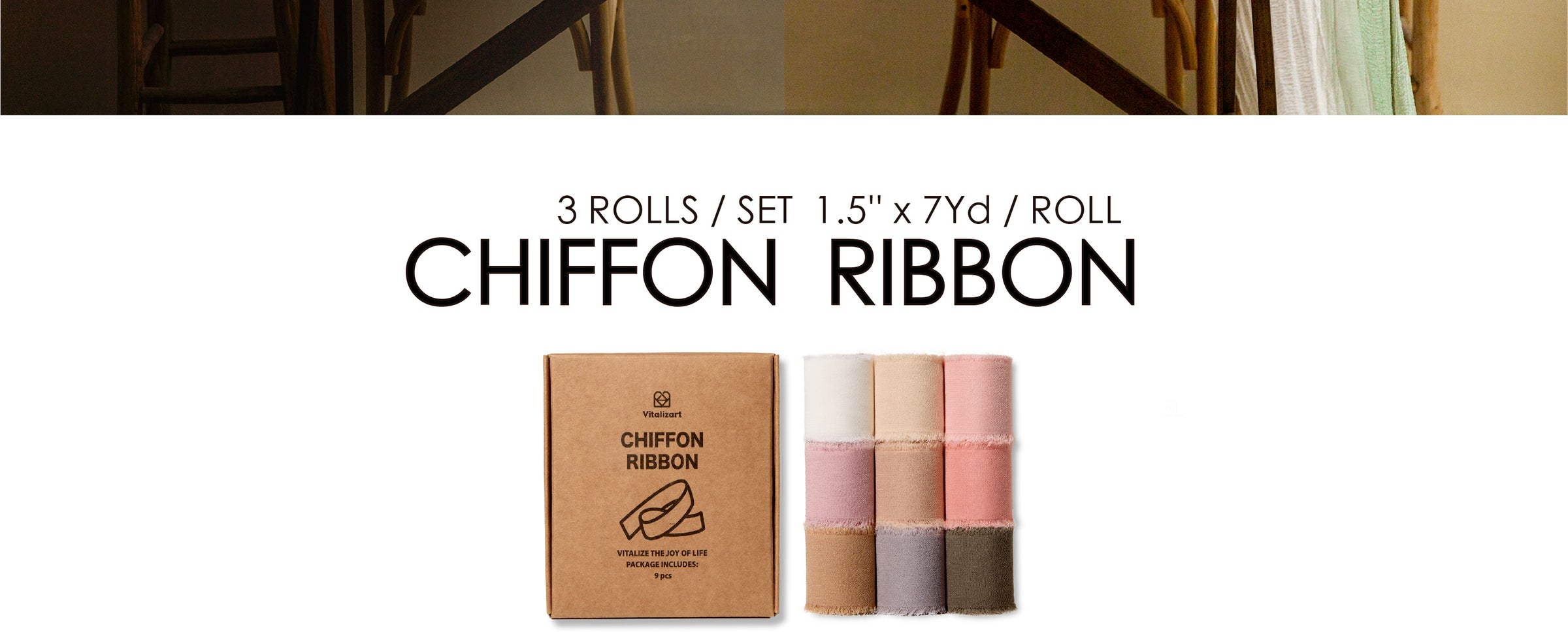 Nine frayed chiffon ribbon rolls in pink, nude, white, gray, and earthy tones beside a kraft box.
