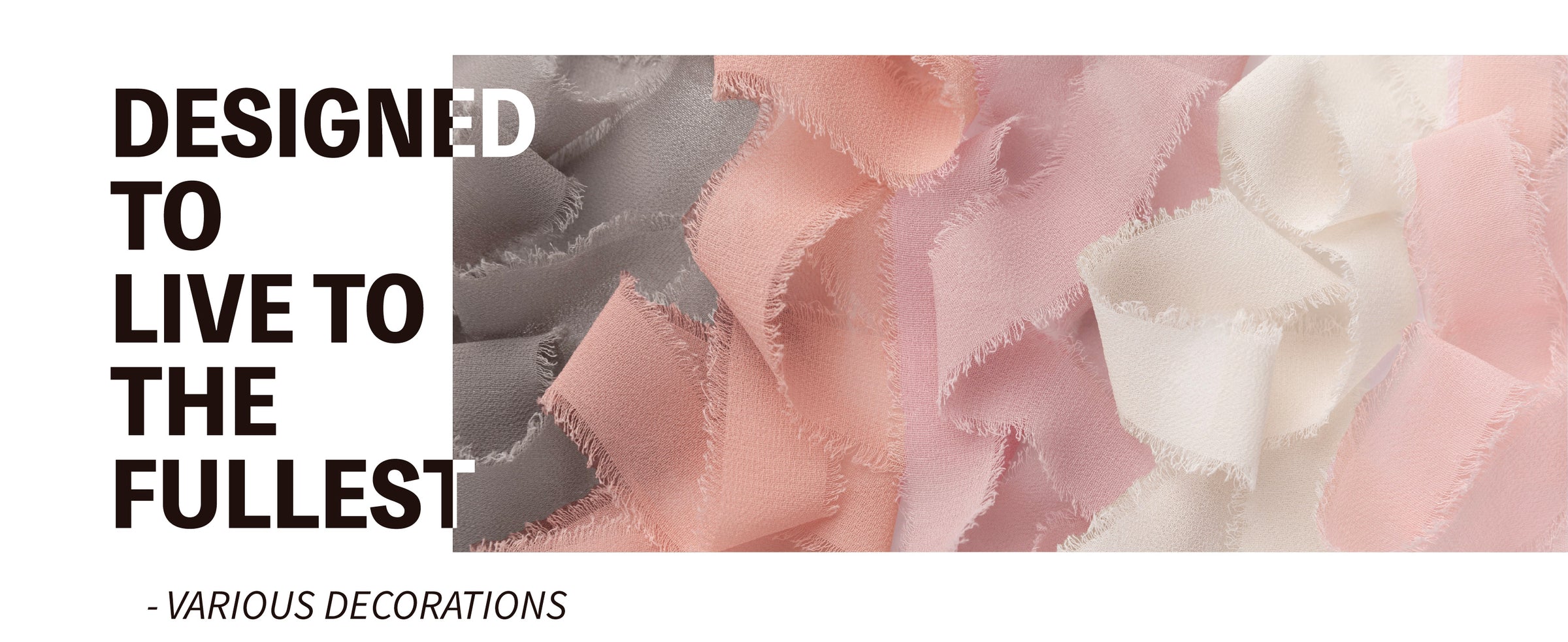 Close-up of sheer, frayed chiffon ribbons layered in gray, coral, blush, pink, and ivory.