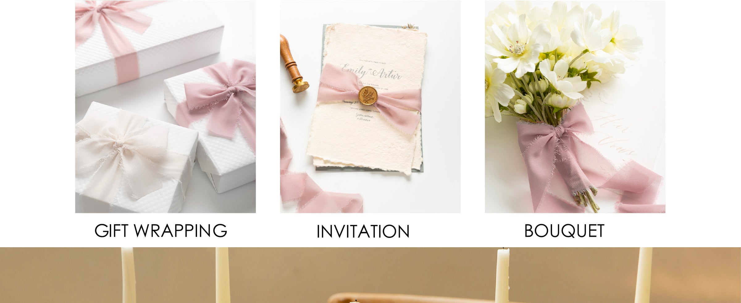 Pink and ivory frayed chiffon ribbon used for gift wrapping, an invitation, and a flower bouquet.