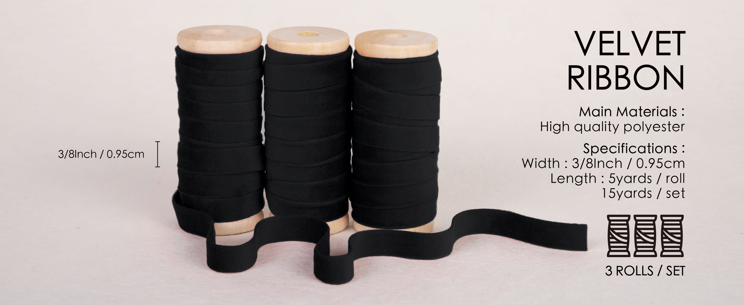 Three wooden spools of black velvet ribbon, each 5 yards long and 3/8 inch wide