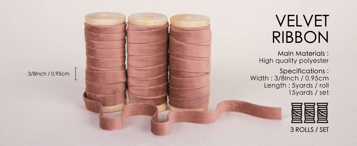 Three wooden spools of dusty rose velvet ribbon, each 5 yards long and 3/8 inch wide