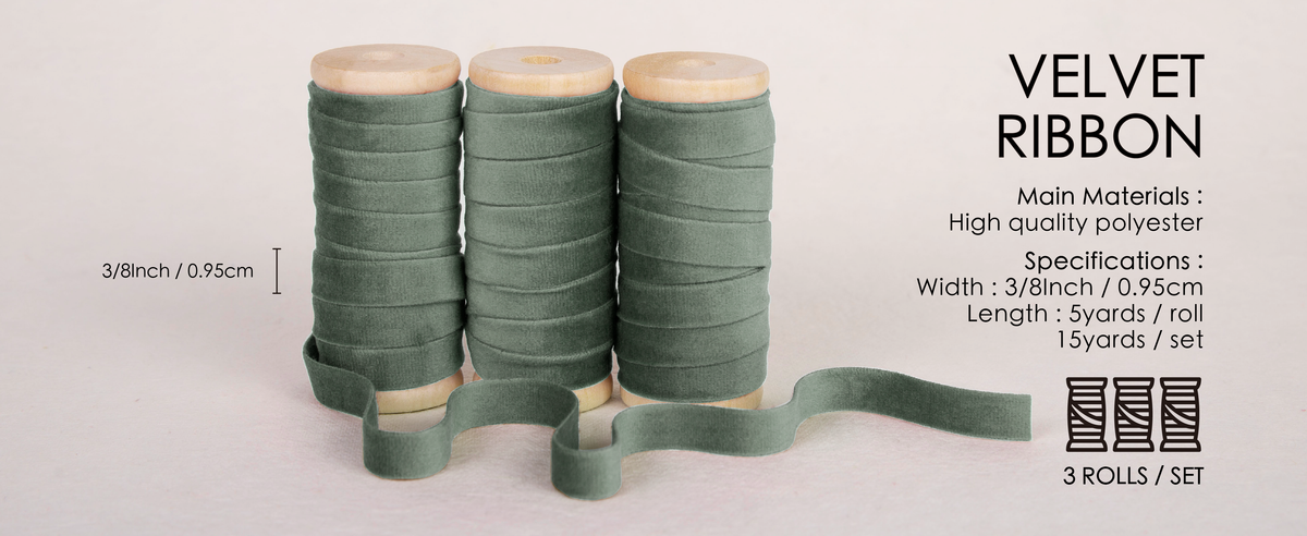 Three dusty green polyester velvet ribbon rolls on wooden spools, each 3/8 inch wide and 5 yards long.