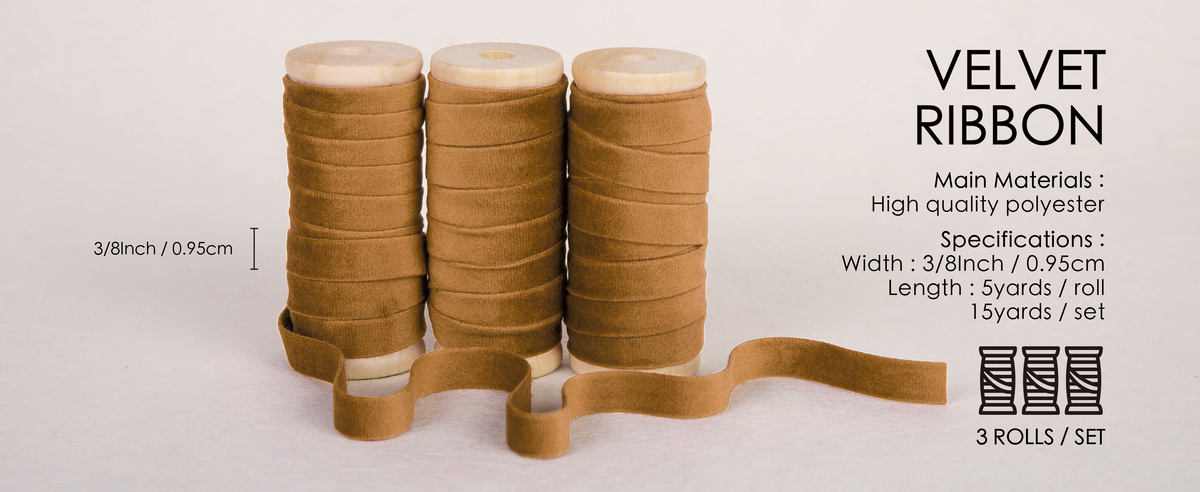Three khaki polyester velvet ribbon rolls on wooden spools, each 3/8 inch wide and 5 yards long.