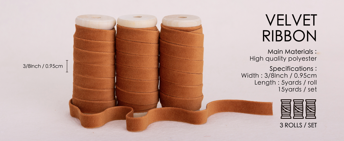 Three terracotta velvet ribbon rolls on wooden spools, each 3/8 inch wide and 5 yards long.