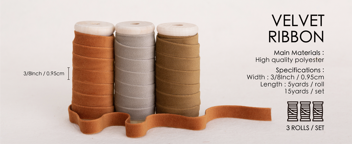 Three polyester velvet ribbon rolls in terracotta, nude, and khaki, each 3/8 inch wide and 5 yards long.