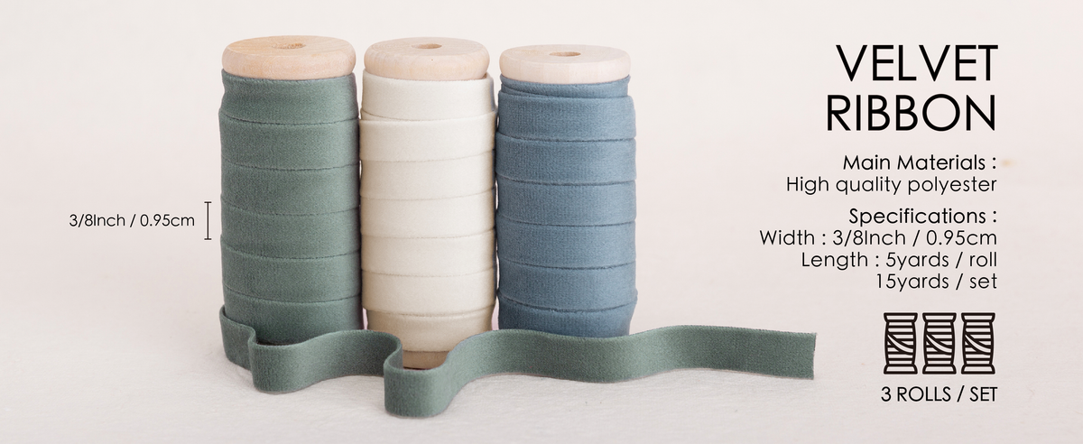Three velvet ribbons in dusty green, ivory, and dusty blue on wooden spools, each 3/8 inch wide.