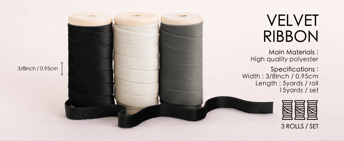 Black, gray, and white velvet ribbon set shown with package, ribbon width, length, and material details