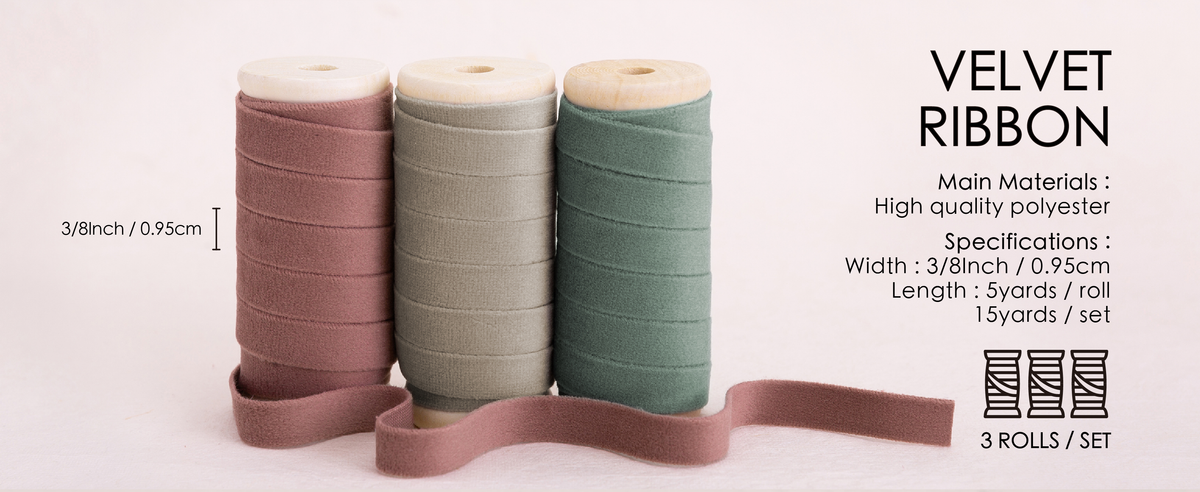 Red and green velvet ribbon set shown with package, ribbon width, length, and material details