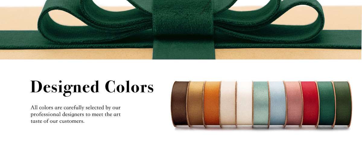 Velvet ribbon rolls displayed together in a coordinated range of designed colors