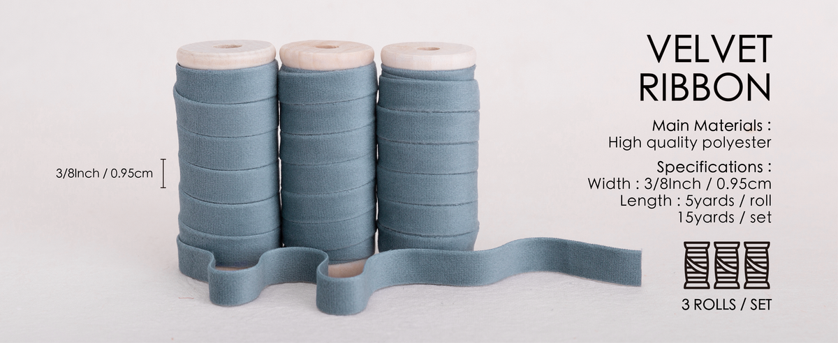 Blue velvet ribbon set shown with package, ribbon width, length, and material details